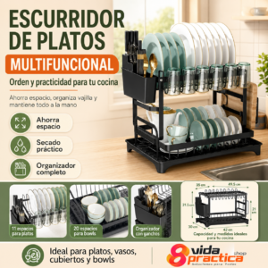 Escurridor de Platos de 2 Niveles en Acero Inoxidable con Sistema de Drenaje