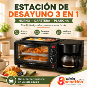Horno Eléctrico Multifuncional Sokany 3 en 1 con Cafetera y Parrilla